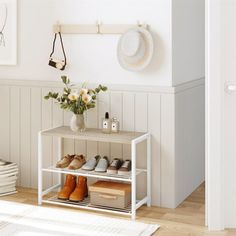 there is a shelf with shoes on it in the room