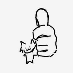 a drawing of a person holding a cat in their right hand with the other hand