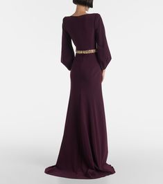 Layla crystal-embellished crêpe gown in purple - Jenny Packham | Mytheresa Crepe Maxi Length Cocktail Dress, Crepe Maxi Dress For Gala, Chic Crepe Wedding Dress, Chic Floor-length Crepe Dress, Chic Crepe Maxi Dress For Wedding, Chic Crepe Wedding Maxi Dress, Floor-length Crepe Maxi Dress For Party, Chic Wedding Crepe Maxi Dress, Fitted Crepe Maxi Dress For Gala