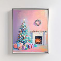 a painting of a christmas tree and presents in front of a fireplace