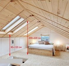 an attic bedroom with slanted ceiling and white carpeting, showing measurements for the bed