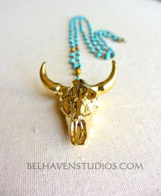 Gold plated Longhorn Cattle wire wrapped turquoise howlite gemstone pendant necklace | Gemstone jewelry  Long layering | Boho chic Wire Wrapped Turquoise, Longhorn Cattle, Gemstone Pendant Necklace, Turquoise Howlite, Cluster Pendant, Modern Necklaces