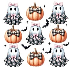 a set of six pumpkins decorated with bows and bowknots for halloween