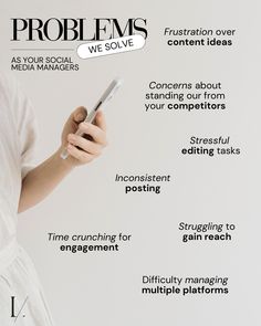 a woman holding a smart phone in her right hand with the words problems on it