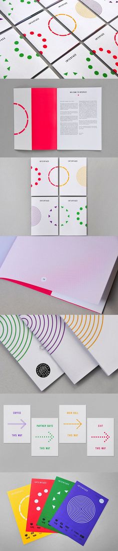 an assortment of business cards and envelopes with different designs on them, all in various colors