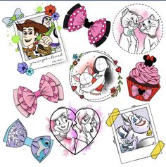 some cartoon characters are grouped together in the shape of hearts and bow ties, as well as cupcakes