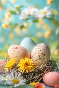 three eggs in a nest with daisies and flowers