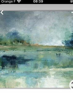 an abstract painting with blue, green and white colors on the water's surface