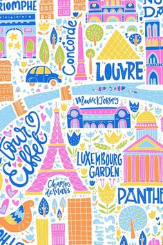 an illustrated map of paris with all the major landmarks and their name written on it