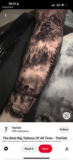 a man's arm with an image of mountains and trees on it