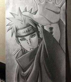 a pencil drawing of naruto from the movie naruto is holding his hand up