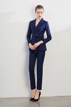 Navy Blue Belted Business Blazer Navy Blue Dress Suit Women, Dark Blue Suit For Women, Navy Blue Suit Women's, Navy Suit Women, Satin Suit Women, Tuxedo Women Suits, Womens Business Pants, Interview Suits, Navy Tuxedos