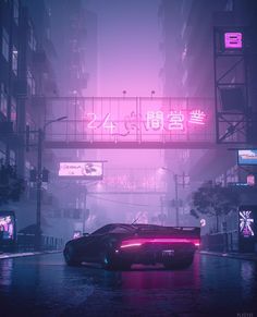 a futuristic car driving down a city street at night with neon signs in the background