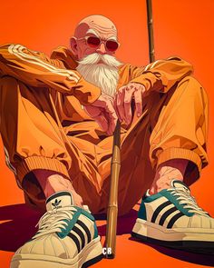 an old man sitting on the ground with a stick in his hand and wearing sunglasses