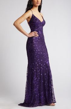 A spray of sequins lends a liquid finish to a forest-green maxi dress styled with a V-neck and slender straps that tie at the back. 49 1/2" center front length; 6" train (size Medium) V-neck Adjustable tie straps Lined 93% polyester, 7% spandex Hand wash, line dry Imported A-line Prom Dresses, Dark Purple Dress Formal, Purple Dress Prom, Purple Dress Formal, Dark Purple Prom Dress, Maxi Dress Ideas, Dark Purple Bridesmaid Dresses, Royal Purple Dress, Purple Hoco