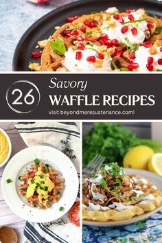 some waffles with different toppings on them and the words savory waffle recipes