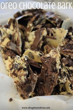 chocolate and oreo cookie bark in a white bowl