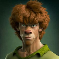 an animated man with red hair and green shirt