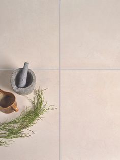 an arrangement of herbs and mortars on a white tile floor with grey grouting