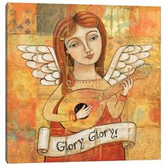 a painting with an angel holding a guitar in it's hands and the words, glory glory