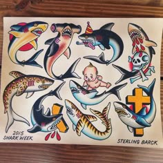 an old school sticker with shark and baby on it's back, surrounded by other sharks