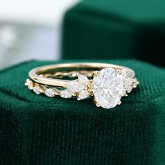 Yellow Gold Oval Moissanite Wedding Set Full Eternity Bridal Ring - MollyJewelryUS Unique Vintage Wedding Rings, Unique Yellow Gold Engagement Ring, Moissanite Wedding Set, Pretty Engagement Rings, Dream Wedding Ring, Ring Inspo, Cute Engagement Rings, Future Engagement Rings, Detailed Engagement Ring