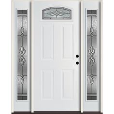 a white front door with glass panels on the top and bottom panel, along with two sidelights