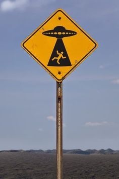 a yellow sign that is on top of a pole in the grass with mountains in the background