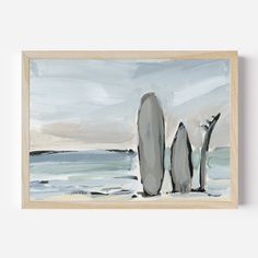 an abstract painting of three rocks on the beach with water and sky in the background