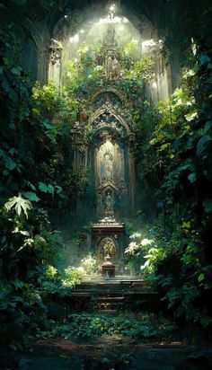 an artistic painting of a fountain surrounded by greenery and sunlight shining through the window