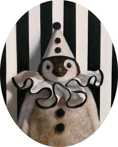 a painting of a penguin wearing a party hat with black and white stripes on it