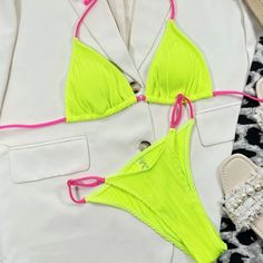 Neon Two Piece Swimsuit Nwot Very Cute Neon Swimwear For Summer Vacation, Neon Swimwear For Pool In Spring, Neon Beachwear For Spring, Trendy Neon Swimwear For Summer, Neon Yellow Swimwear For Summer Party, Yellow Stretch Swimwear For Spring, Lime Green Fitted Swimwear For Summer, Lime Green Fitted Summer Swimwear, Summer Party Neon Yellow Swimwear