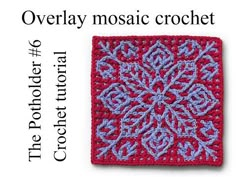 a red and blue crocheted square with the words overlay mosaic crochet