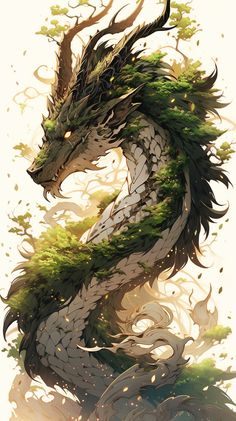 a green and white dragon sitting on top of a tree