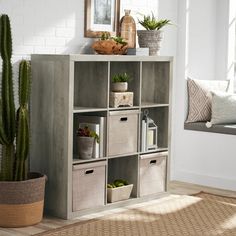 a living room with some plants and boxes on the shelf