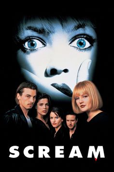 scream movie poster with the face of a woman and two men in front of her