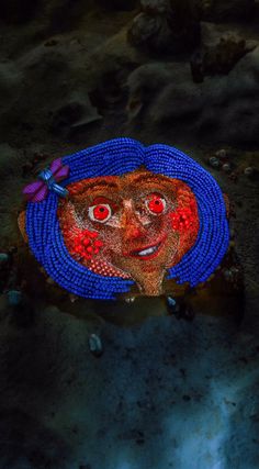 an image of a face made out of beads on top of the ocean floor with a dragonfly flying over it