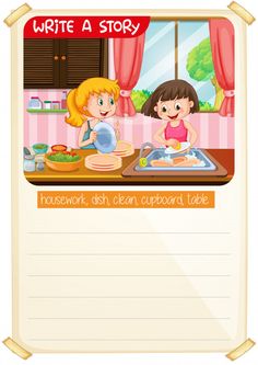 a recipe book with two girls cooking in the kitchen on a white background stock illustration