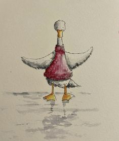 a drawing of a duck wearing a red sweater and yellow feet standing in the water