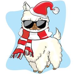 a cartoon llama wearing sunglasses and a santa hat with a scarf around its neck