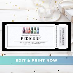 a gift card with the words pedicure on it next to some confetti