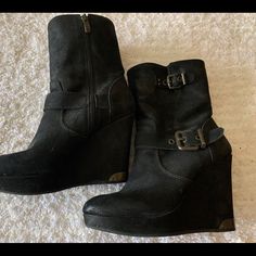 Super Cute And Funky Buckle Wedge Boots. Nwot. 1” Platform With 3” Heel For A Total Of 4” Wedge. Be Cuter And Taller All In One Pair Of Boots! Wedge Knee High Boots, Black Winter Wedge Heel Platform Boots, Steve Madden Kameron Boots, Fitted Black Platform Wedge Boots, Boot Wedges, Vince Camuto Wedge Boots, Wedge Boots Outfit, Black Ankle-high Wedge Boots With Chunky Platform, Wedge Winter Boots