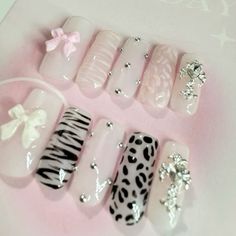 Black Animal Print Nails, Pink Cheetah Nails, Zebra Print Nails, Zebra Nails, Punk Nails, Hard Nails, Girly Acrylic Nails, Print Nails