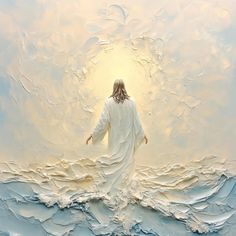 a painting of jesus walking in the water with his arms spread wide and hands outstretched