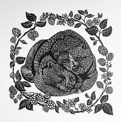 a black and white drawing of two bears curled up in a circle surrounded by flowers