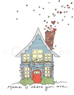 a drawing of a house with hearts coming out of the windows and on top of it