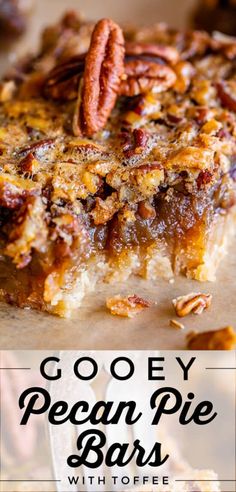 gooey pecan pie bars with toffee toppings on top and text overlay