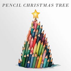 a christmas tree made out of colored pencils with the words pencil christmas tree on it