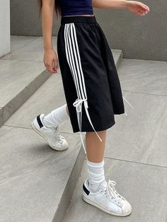 Black Casual Collar  Woven Fabric Striped Track Shorts Embellished Slight Stretch  Women Clothing Track Shorts Outfit, Basketball Shorts Outfit, Striped Shorts Outfit, Shorts Outfits, Tie Shorts, Women Shorts, Summer Stripes, Track Shorts