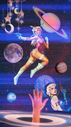 a painting of a woman flying through the air with planets and stars in the background